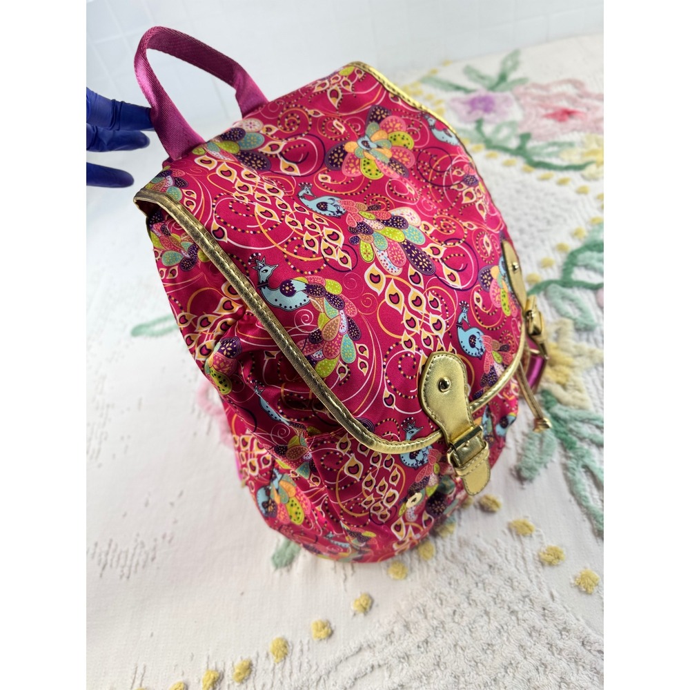BollyDoll Pink Peacock Paisley Mini Backpack Gold Trim Elephant Charm Boho Bag